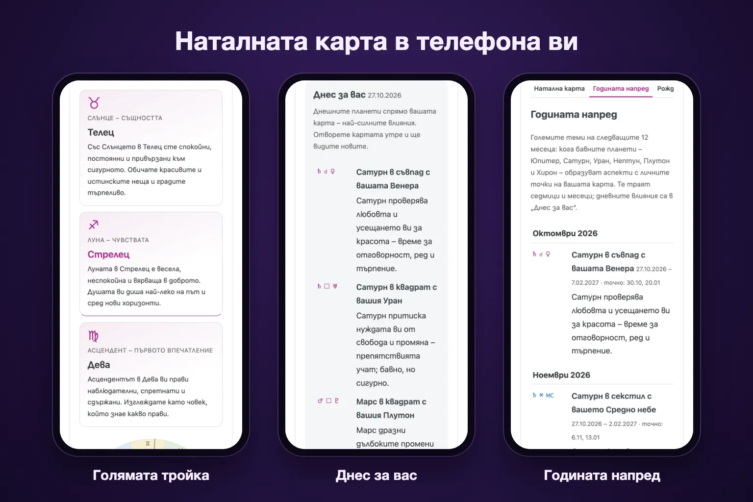 Наталната карта в телефона: голямата тройка, „Днес за вас“ и „Годината напред“