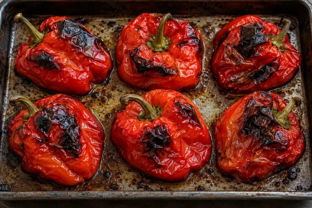 Изпечени червени чушки, готови за белене