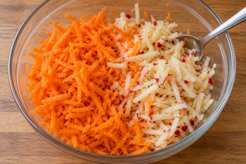 Настъргани моркови и ябълки с лимонов сок преди овкусяване