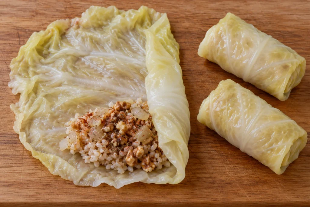 Лист кисело зеле с постна плънка от ориз и орехи
