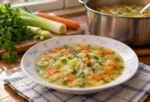 Супа от праз с ориз и лимон в чиния