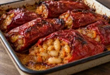 Сушени червени чушки, пълнени с боб, в тава