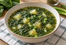 Зелена супа от спанак, картофи и пресен лук в купичка